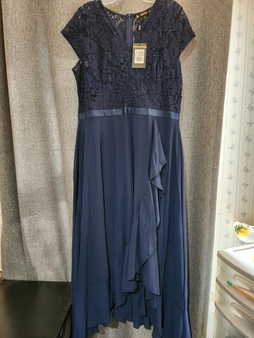 Miusol Navy Lace Bodice High-Low Chiffon Evening Dress